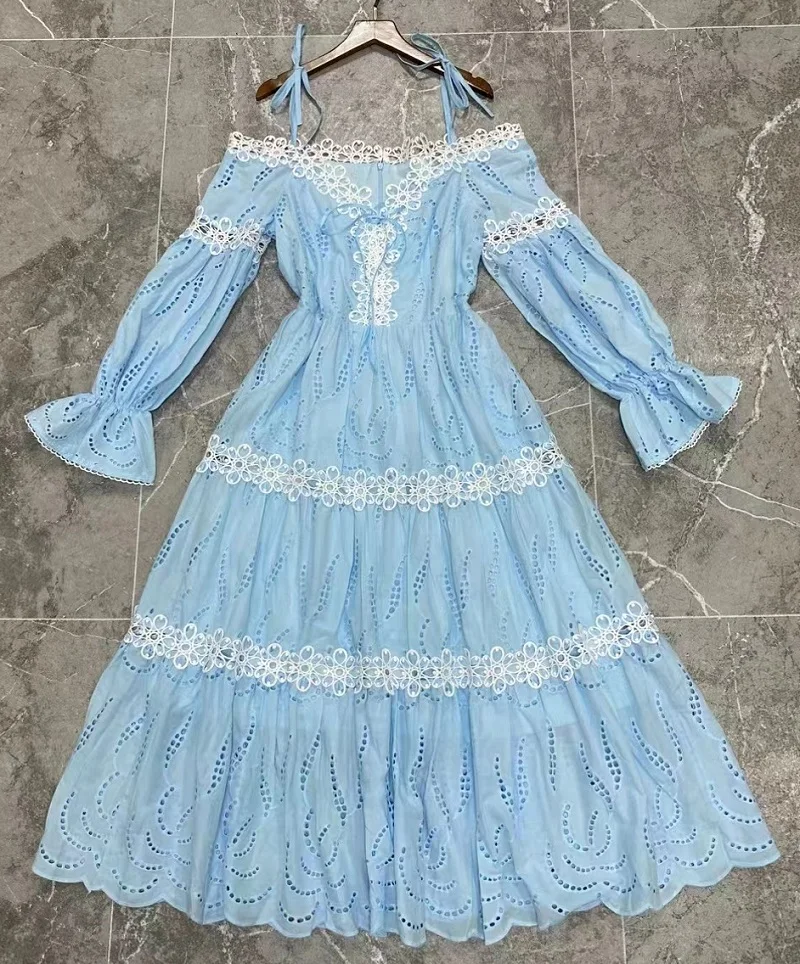 New 2023 Autumn Long Dress High Quality Women Allover Hollow Out Embroidery Long Sleeve Casual Party Blue White Black Maxi Dress
New 2023 Autumn Long Dress High Quality Women Allover Hollow Out Embroidery Long Sleeve Casual Party Blue White Black Maxi Dress