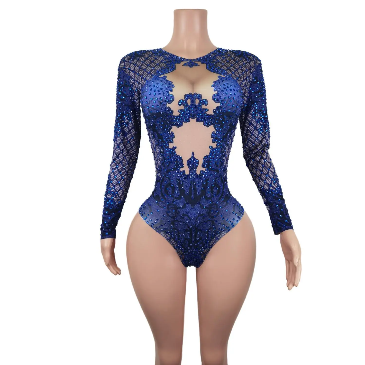 

Sexy Stretch Skinny Blue Rhinestone Bar Birthday Party Concert Bodysuits Women Singer Dancer Costumes Club Bodycon Jumpsuits