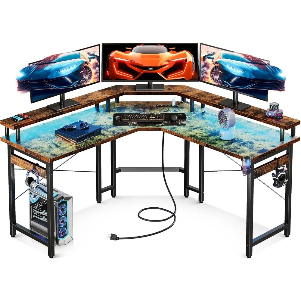 

ODK L Shaped Gaming Desk with LED Lights & Power Outlets, 51" Computer Desk with Full Monitor Stand, Corner Desk with Cup Holder