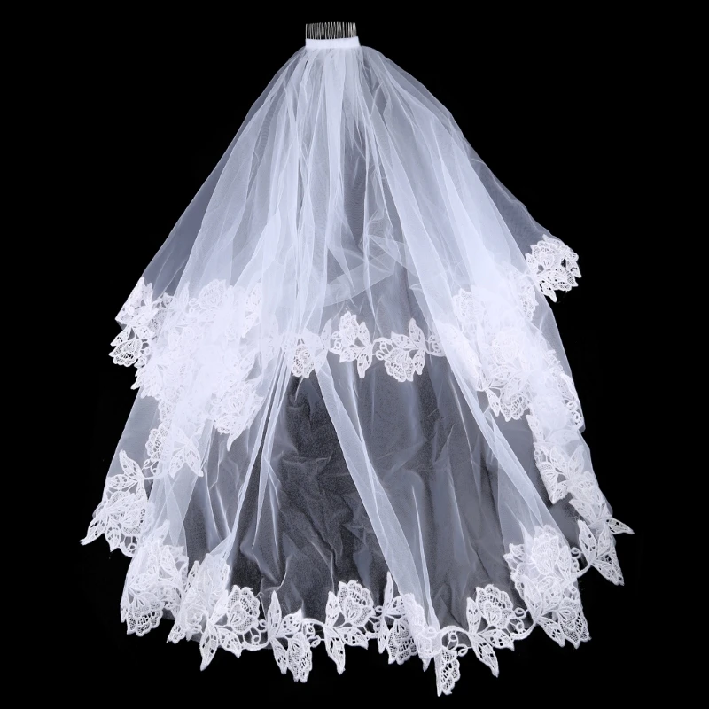 

Bridal Veil Appliques with Comb Sheer Tulle Lace Appliques Wedding Veils Hair Accessories for Bride 2 Tier Elbow Length