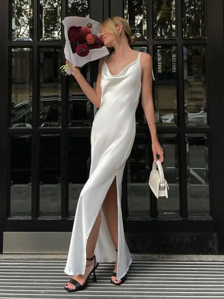 

Elegant Halter Bandage High Slit Satin Dress for Women Sexy Backless Sleeveless Slim Maxi Dresses Lady Banquet Evening Robes