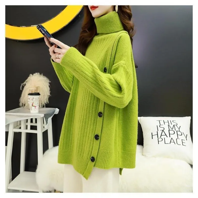 

Solid Color Sweater Women's Loose Pullover Turtleneck 2023 New Autumn Winter Casual Long Sleeved Asymmetric Button Knitted Tops