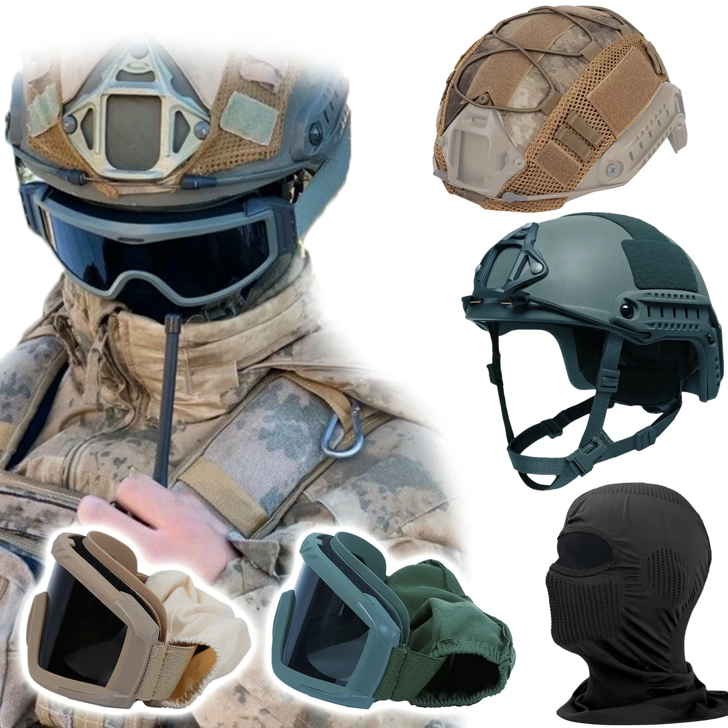 

Tactical Airsoft FAST Helmet 5 Piece Set Multicam Camo Helmet Cover - 2 PCS Goggles With 6 Lenses - Balaclava - for War Game