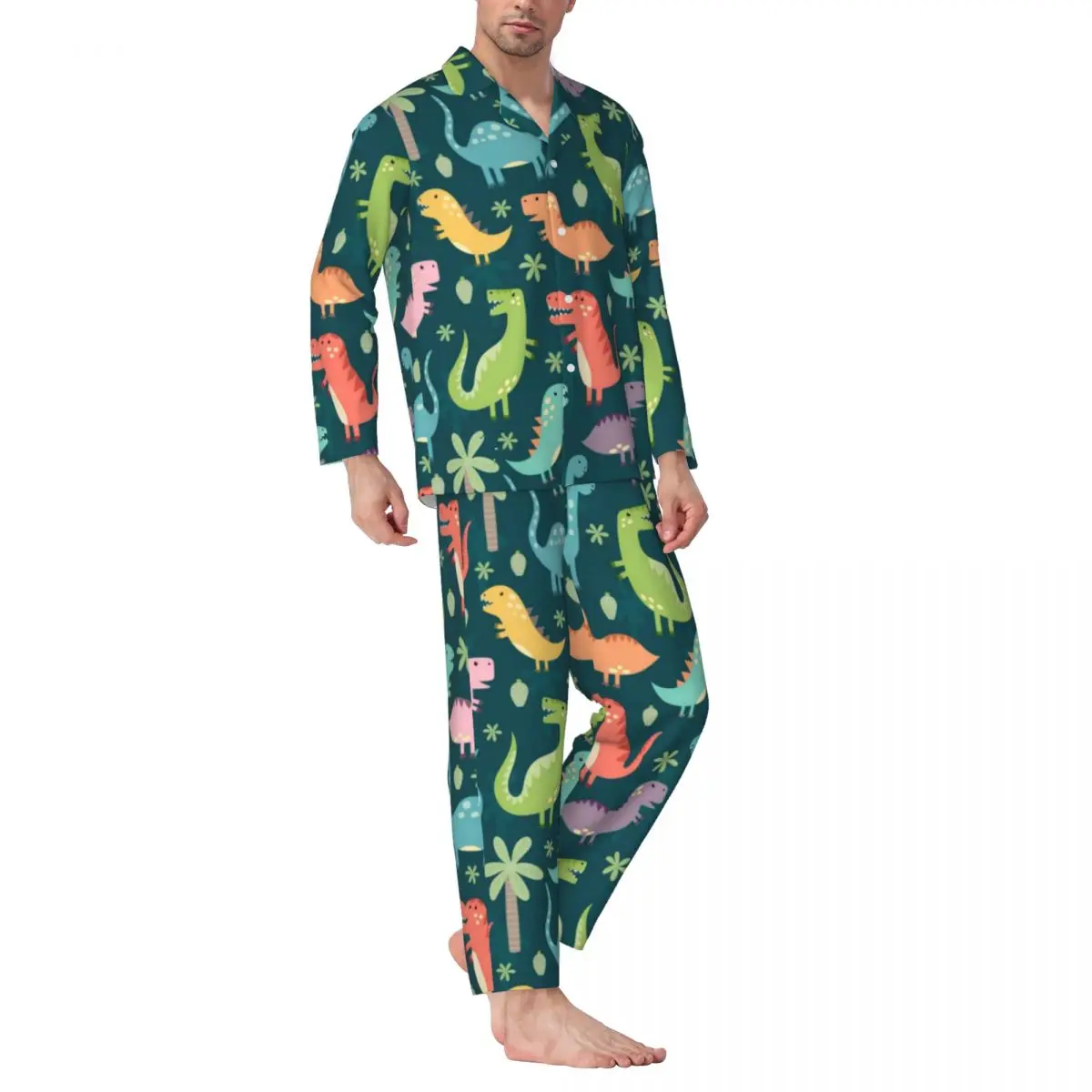 

Colorful Dinosaurs Pajama Sets Tyrannosaurus Rex Dinosaur Trendy Sleepwear Couple Long Sleeve Casual Home 2 Pieces Nightwear