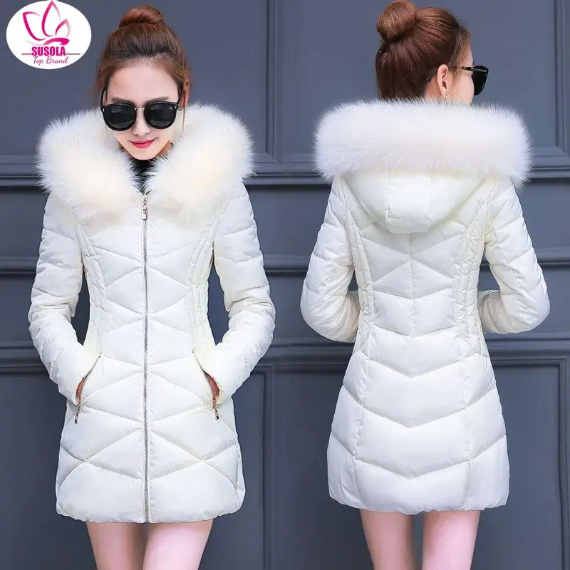 

Корейская мода, тонкий пуховик SUSOLA из хлопка, подходящий ко всему женский топ средней длины из хлопка, Женское зимнее пальто с большим меховым воротником