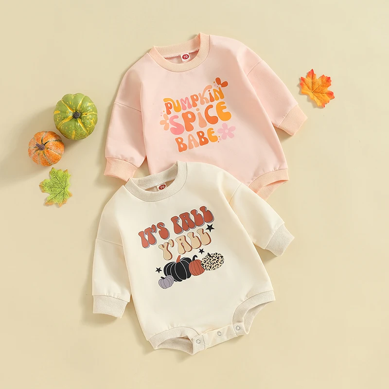

2023-06-21 Lioraitiin 0-18M Baby Boy Girl Fall Sweatshirt Bodysuit Long Sleeve Round Neck Pumpkin/Floral Letter Print Jumpsuit