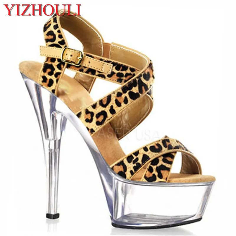 

Sexy leopard print chunky heel sandals for women, 15cm crystal party sandals for model stage performance dance shoes