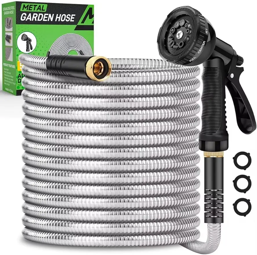 

Metal Garden Hose 100ft, Heavy Duty Stainless Steel Water Hose with 10 Functional Nozzles, No Kink, Lightweight and Flexible