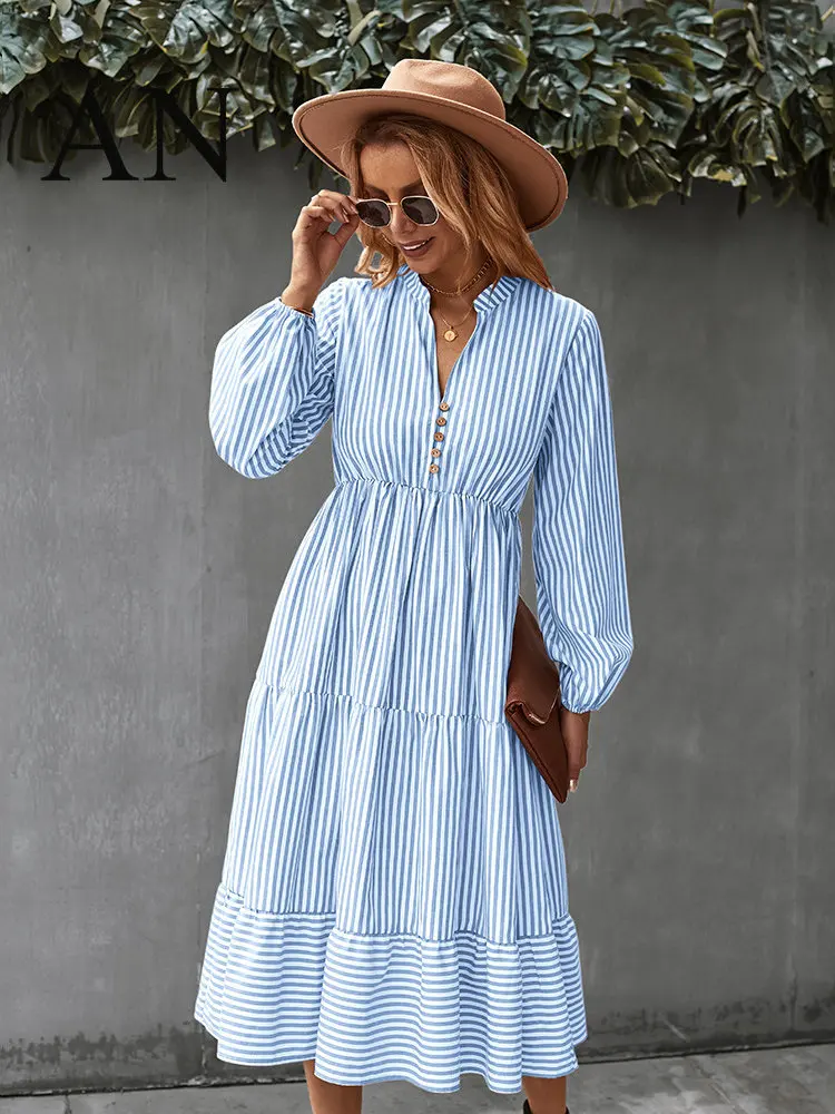Women Clothing 2023 Spring Summer New Elegant Striped Dress with V-neck Long Sleeves and Calf Swing Long Dress for Women
Women Clothing 2023 Spring Summer New Elegant Striped Dress with V-neck Long Sleeves and Calf Swing Long Dress for Women