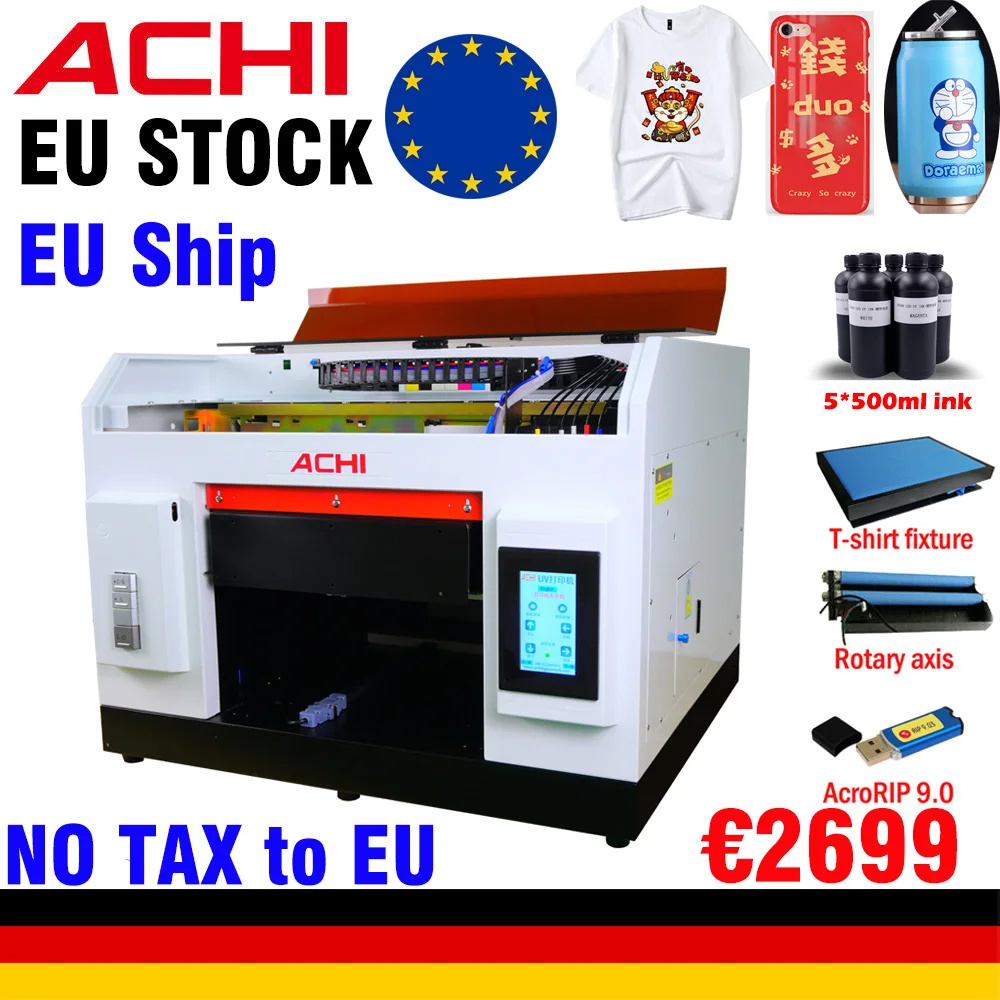 

A3 UV Flatbed Printer R1390 UV Printer for Cylinder 5*500ML Ink for T-shirt Bottle Glass Metal Wood printing EU stock