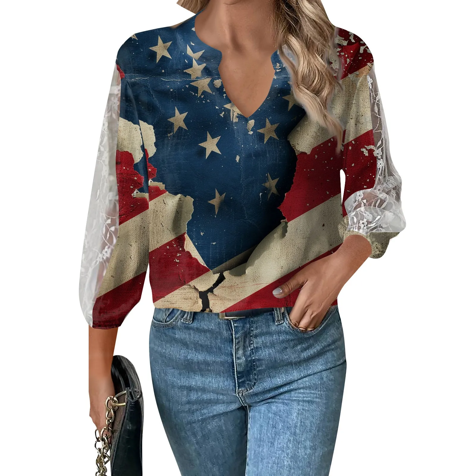 

3/4 Length Sleeve Womens Tops Casual Loose Fit V-neck T Shirts Cute Print Lace Sleeve Tunic Tops camisas e blusas кофта женская