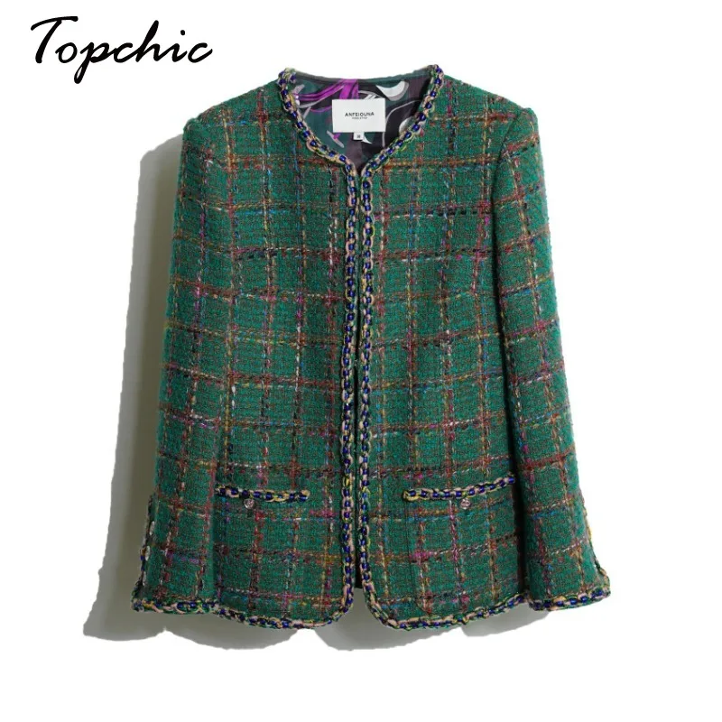 

Green Woven Tweed Jacket Women Luxury Elegant Chain Abrigo Mujer Invierno 2023 Old Money Style Wool Blends Coats Winter Clothes