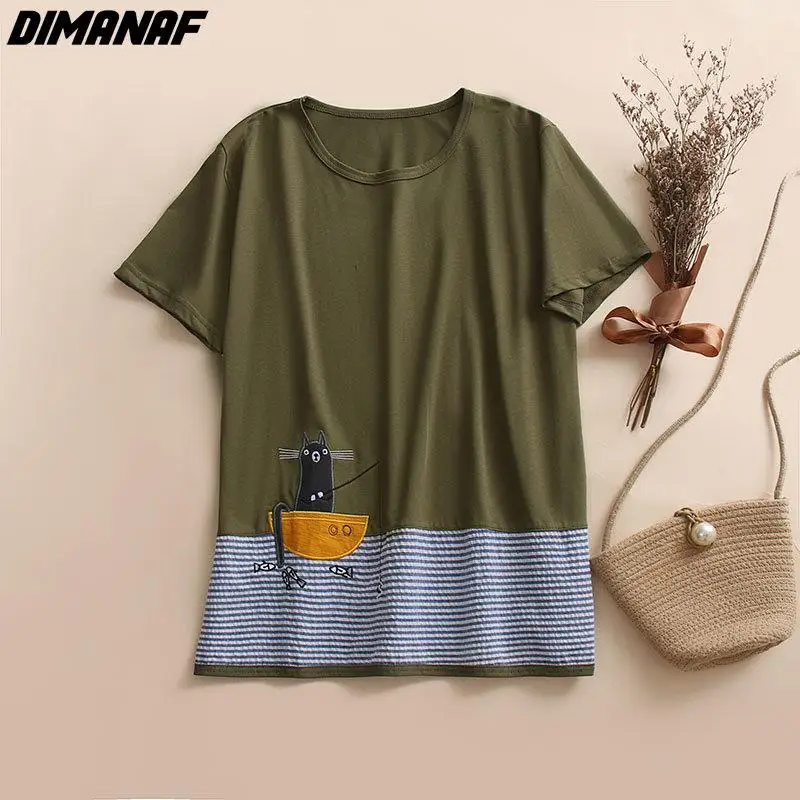 

Женская футболка в полоску DIMANAF, повседневный базовый топ с вышивкой и круглым вырезом, хлопковый топ большого размера для лета, 2024