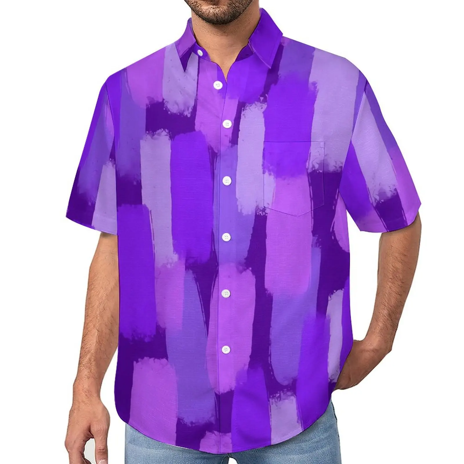 

Purple Paint Brush Vacation Shirt Abstract Art Hawaiian Casual Shirts Man Fashion Blouses Short Sleeve Graphic Tops Big Size 4XL