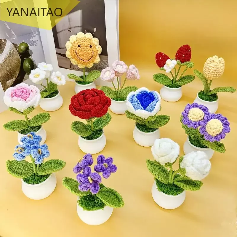 

Handmade Woven Crochet Fake Plants Artificial Flowers Potted Sunflower Tulip Rose Home Office Table Decor Car Decoration Gifts