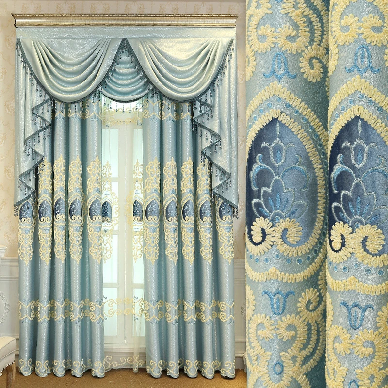 

Luxurious European style Light Blue Velvet Embroidered Curtains for Living Dining room Bedroom Tulle Valance Customization