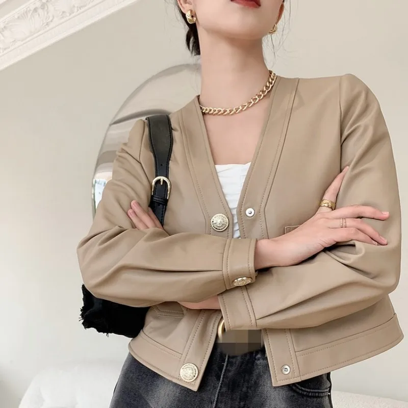 

2023Leather coat,Women Real Leather Sheepskin Jacket Brand Elegant V-Neck Short Coat Spring Autumn Office Lady Single Breasted F