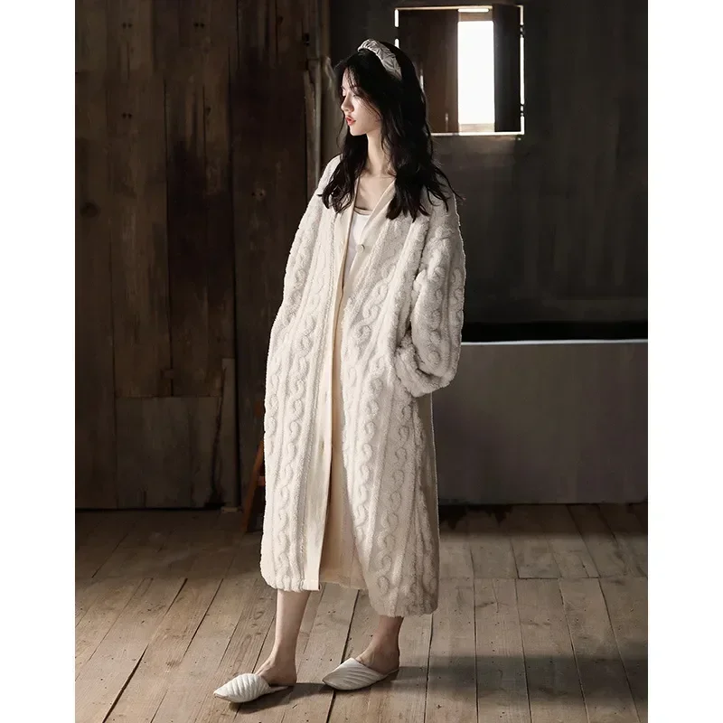 

Женская плотная однобортная однотонная флисовая женская одежда для сна с рукавами Корейская теплая женская пижама длинный халат зимний стиль