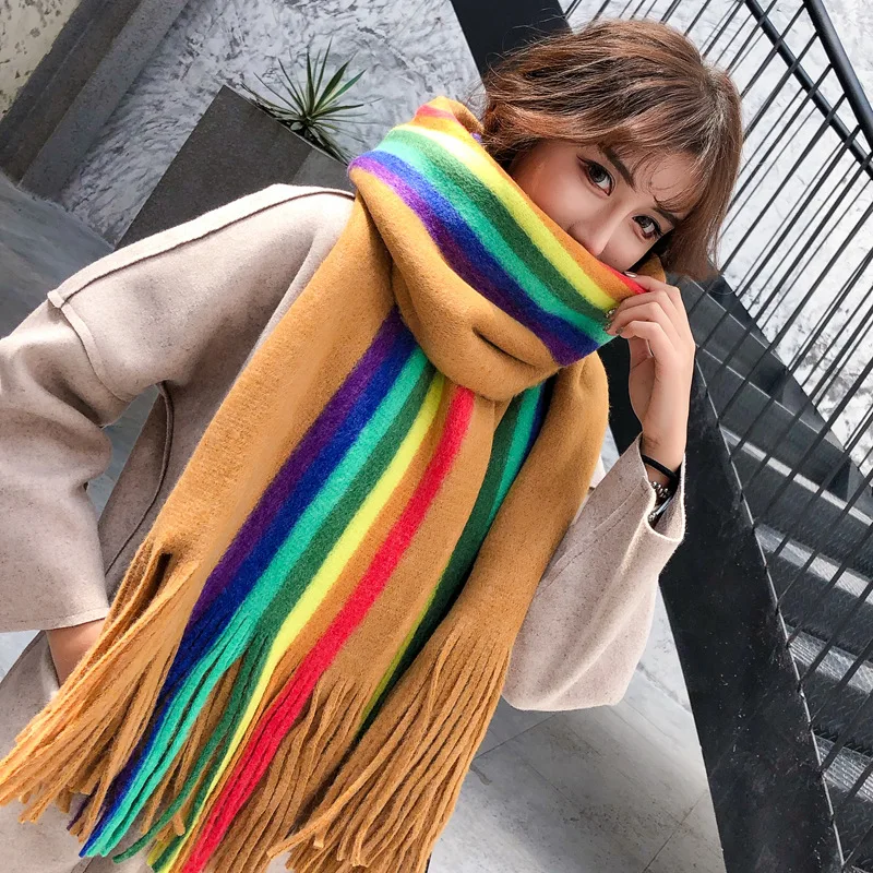 Women Cashmere Iridescent Striped Knit Scarf Shawl Preppy Wild Fashion Autumn And Winter Thicken Long Tassel Scarves 2023 New 
Women Cashmere Iridescent Striped Knit Scarf Shawl Preppy Wild Fashion Autumn And Winter Thicken Long Tassel Scarves 2023 New