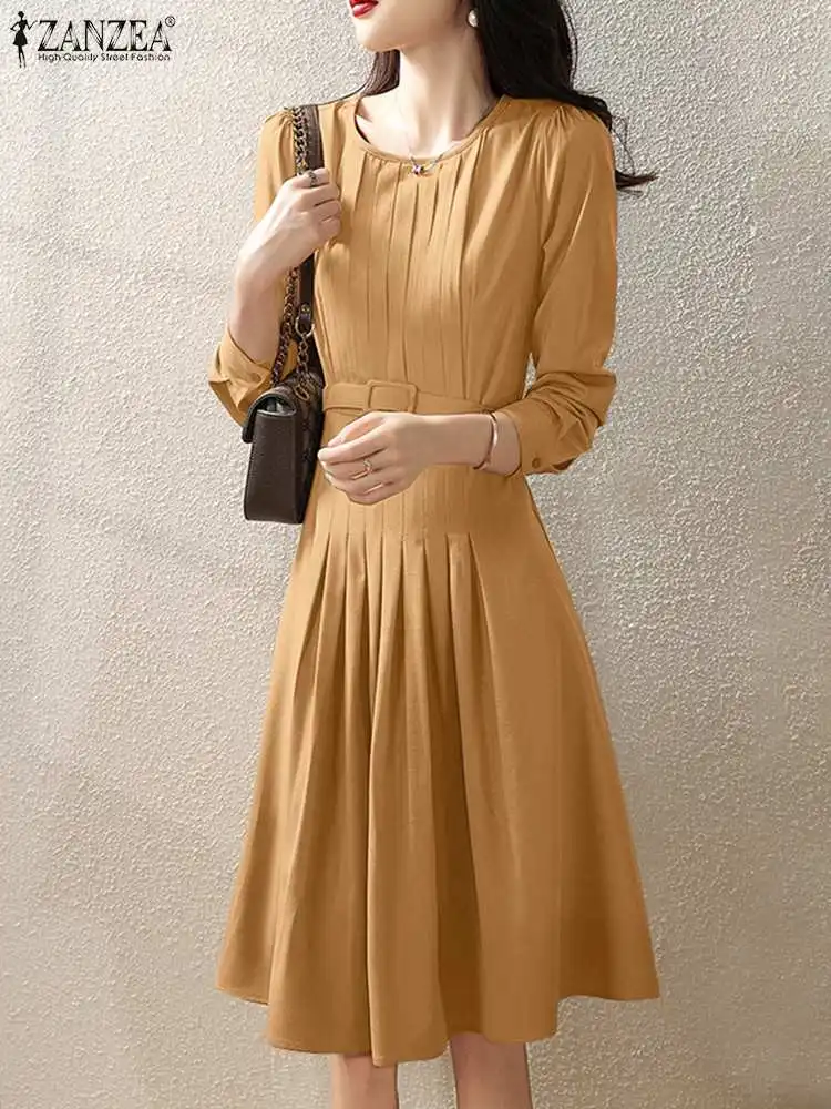 

Платье ZANZEA женское длинное с круглым вырезом, элегантное винтажное повседневное Плиссированное однотонное миди-платье с длинным рукавом, осень 2023