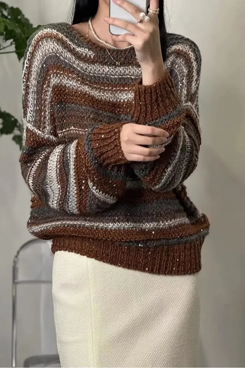 Women's Knitted Sweater Striped Sequins Decoration 2023 Winter Retro Loose Pullover
Women's Knitted Sweater Striped Sequins Decoration 2023 Winter Retro Loose Pullover