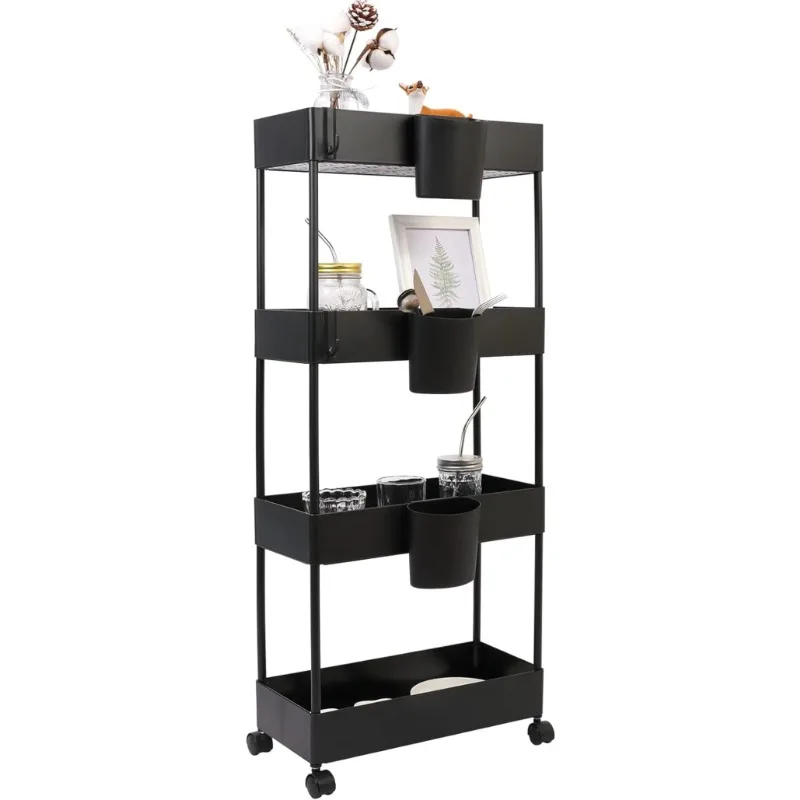 

4-Tier Slim Rolling Utility Cart Storage Shelves Trolley Storage Organizer Shelving Rack with Mesh Baskets/Wheel Casters