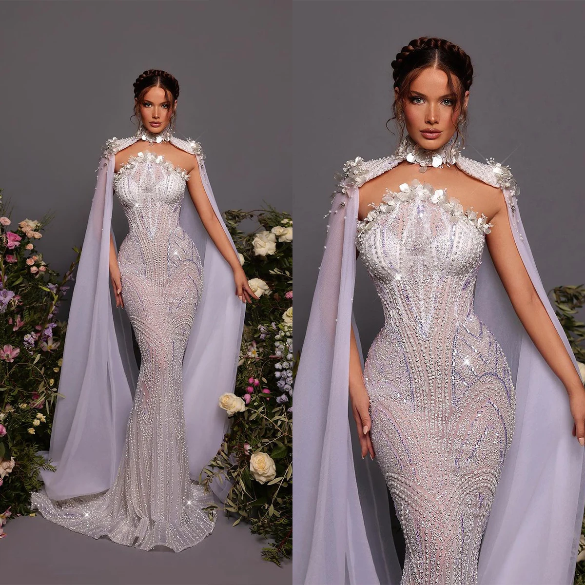 

Modern Lace Cape Mermaid Wedding Dresses 3D-Applique Neck Pearls Bridal Gown Custom Made Shine Brush Train Robes De Mariée