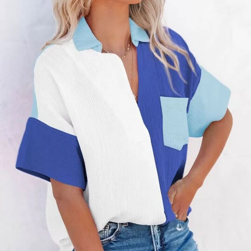 Elegant Short Sleeve Tops Fashion Patchwork Color Shirt Casual Loose Blouse Summer Turn Down Collar Women's Clothes Blusas 26436
Elegant Short Sleeve Tops Fashion Patchwork Color Shirt Casual Loose Blouse Summer Turn Down Collar Women's Clothes Blusas 26436