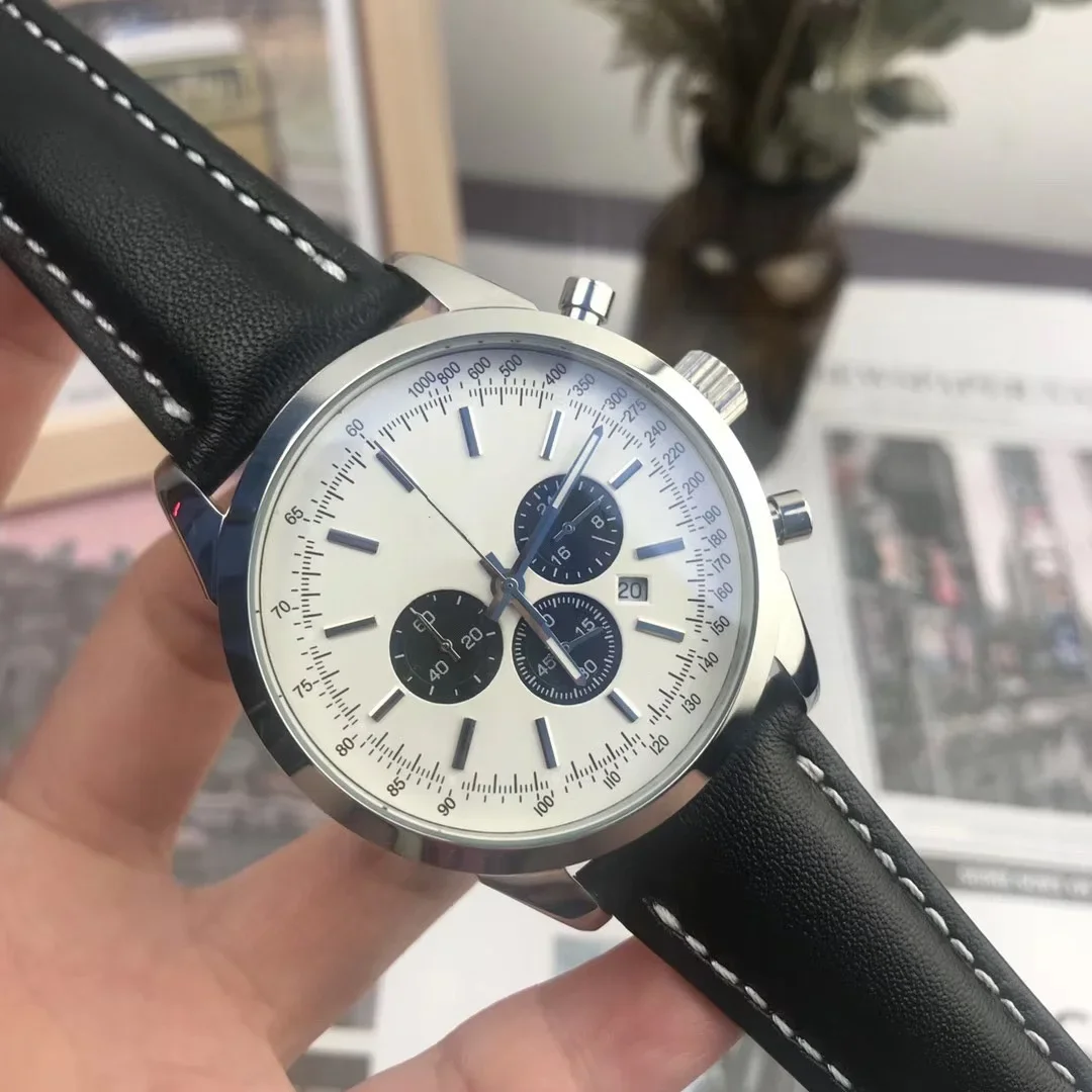 

Luxury New Mens Quartz Watch Black Leather White Dial Calendar Chronograph Reloj Hombre