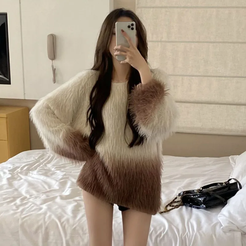 

Gradient Soft Waxy Long Sweater Jacket Women Outer Wear Autumn Winter Imitation Mink Velvet Knitwear Loose Warm Pullover Sweater