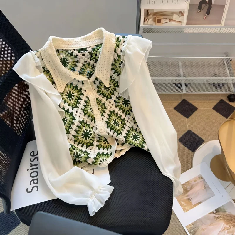 Hollow hook flower patchwork sunscreen chiffon shirt for women spring/summer 2023 knitted shirt design sense niche blouse top
Hollow hook flower patchwork sunscreen chiffon shirt for women spring/summer 2023 knitted shirt design sense niche blouse top