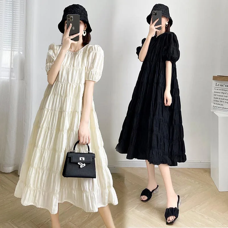 

Maternity Dress 2024 Summer New Korean Solid O-neck Short Sleeve Long Pregnancy Dreses Clothes For Pregnant Women Dresses M-XXL