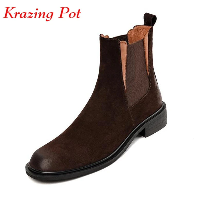 

Krazing Pot Cow Suede Round Toe Winter Warm Chelsea Boots Gorgeous Daily Wear Office Lady High Quality England Style Ankle Boots