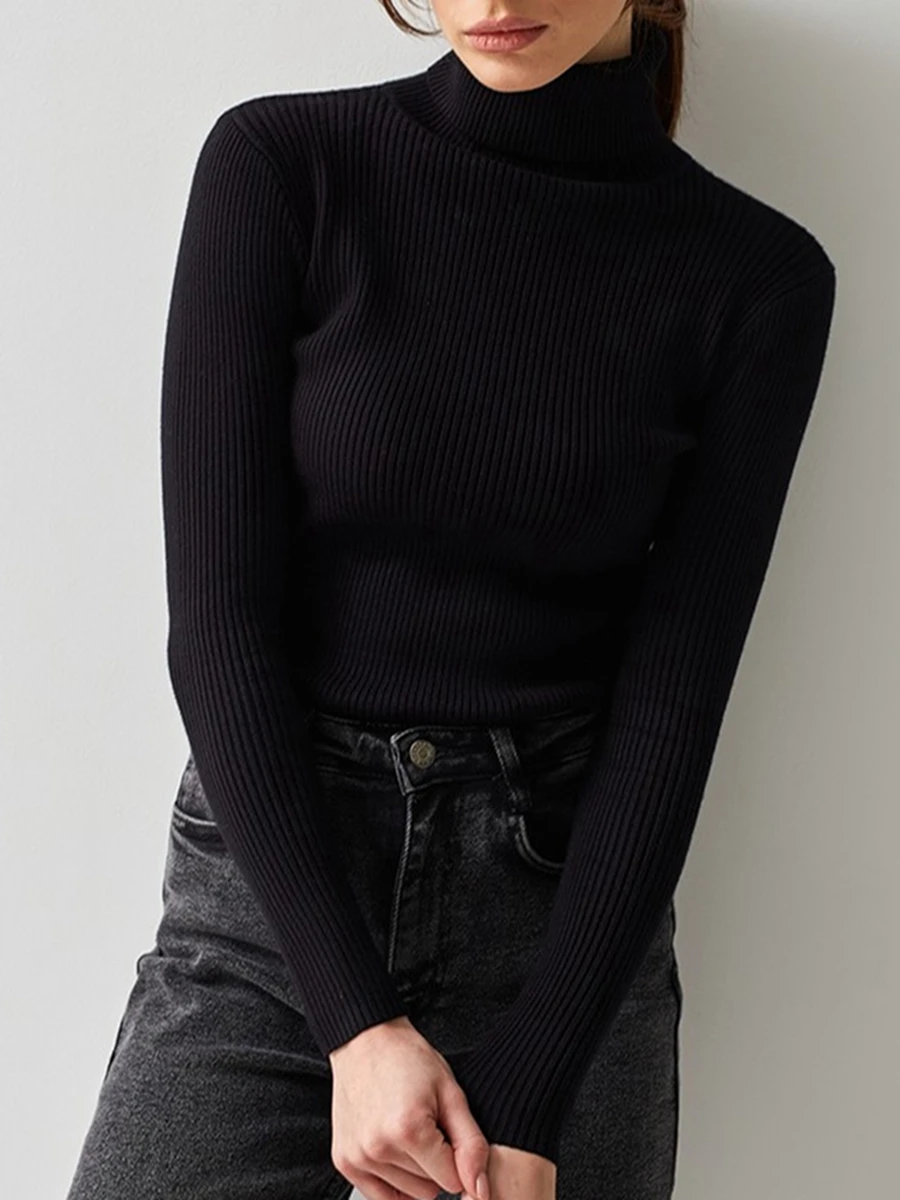 

Женский трикотажный свитер с высоким воротником в рубчик, облегающий вязаный пуловер с длинным рукавом, топы, повседневный однотонный облегающий джемпер