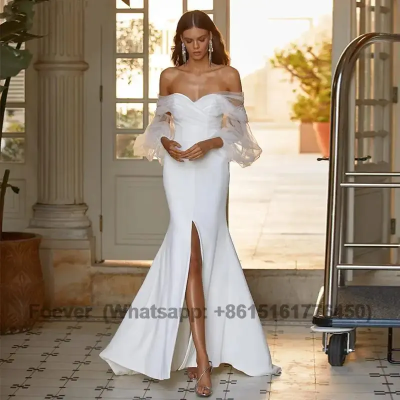 

Elegant Sweetheart Mermaid Wedding Dress Split Tulle Puff Sleeve Backless Bridal Gown Satin Floor Length Civil Vestidos De Novia