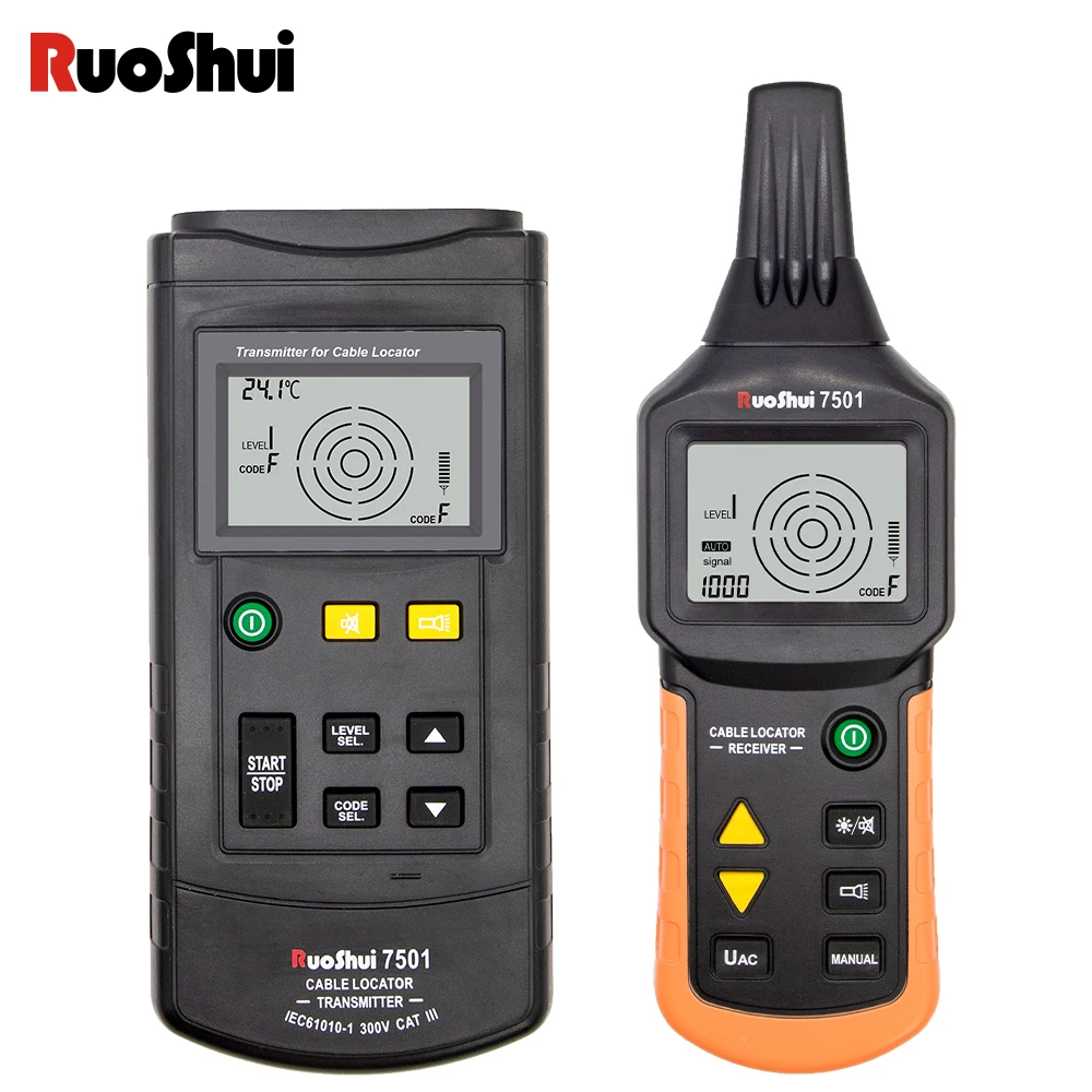 

RuoShui 7501 Cable Locator 12V-400V AC DC Detector Tester Professional Underground Wire Network Finder Metal Pipe Line Tracker