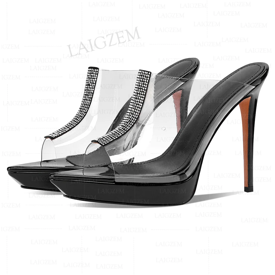 

LAIGZEM Women Pumps Bling Crystal Patchwork PVC Mules Slip On Platform Thin High Heels Sandals Ladies Shoes Woman Size 33 38 40