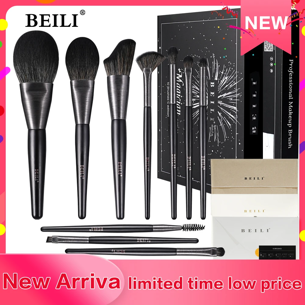 

BEILI 10Pcs Makeup Brushes Powder Blush Contour Eyeshadow Eyeliner Eyelashes Concealer Blending Make up Brush Set Gift Box