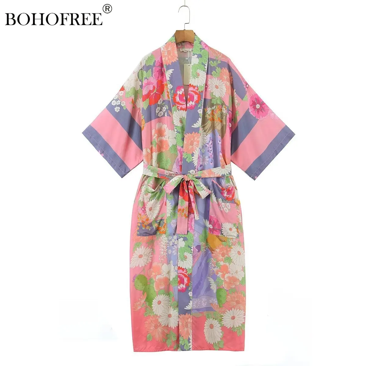 

Vintage Chic Boho Robes Rayon Cotton Floral Print Bikini Cover Ups Kimono Pockets Sashes Bohemian Kaftan Beachwear Swimsuit Robe