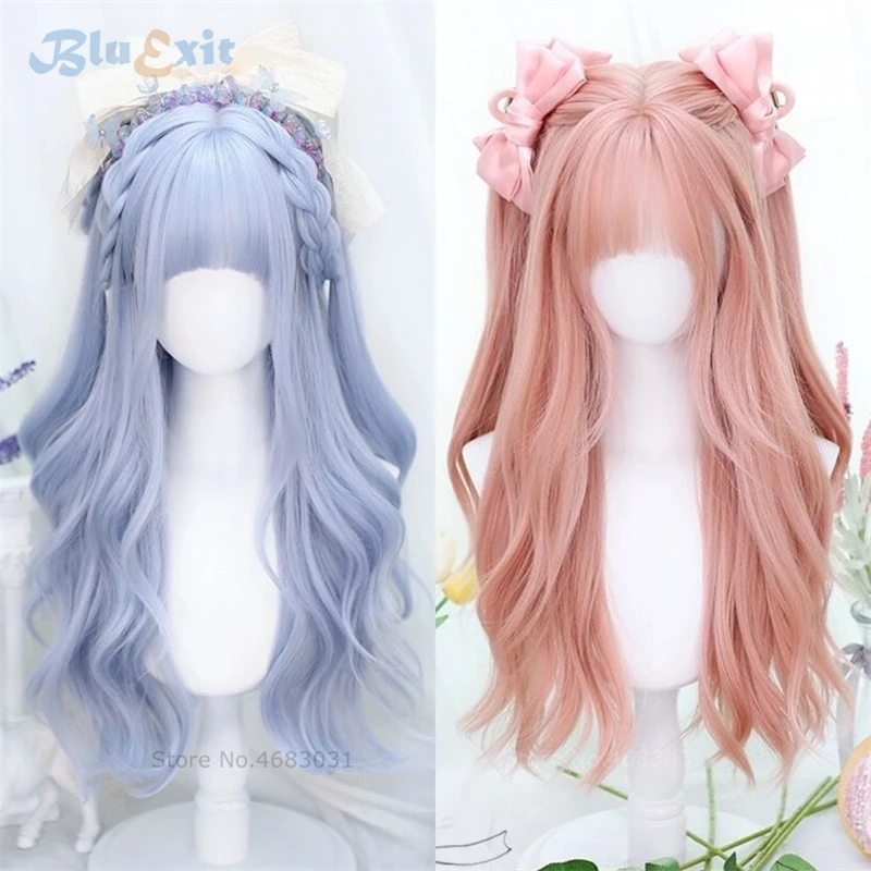 

Pink Blue Synthetic Wig Harajuku Fairy Cosplay Curly Water Wave 60cm Long Wavy Lolita Party Sweet Bangs Fringe Adult Girls Hair