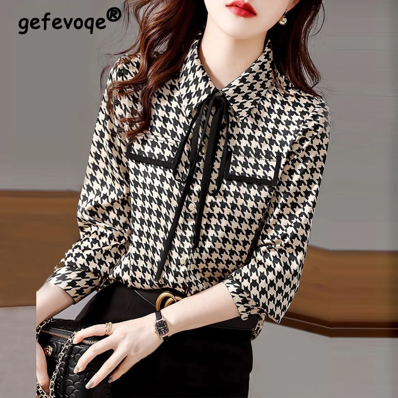 

2023 Women Houndstooth Print Lace Up Chic Design Button Shirts Korean Fashion Office Lady Elegant Blouse Long Sleeve Tops Blusas