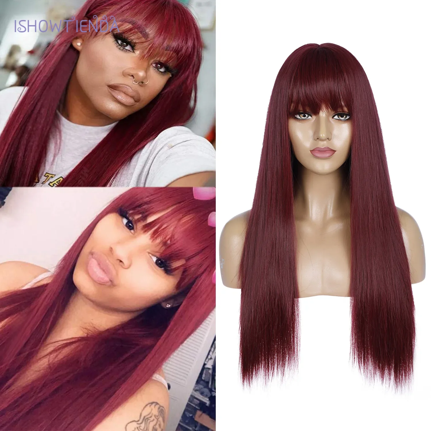 

Long straight synthetic Burgundy wig with bangs women's heat-resistant wig daily wear wig Fashion Lady Mechanism Rose Net wig