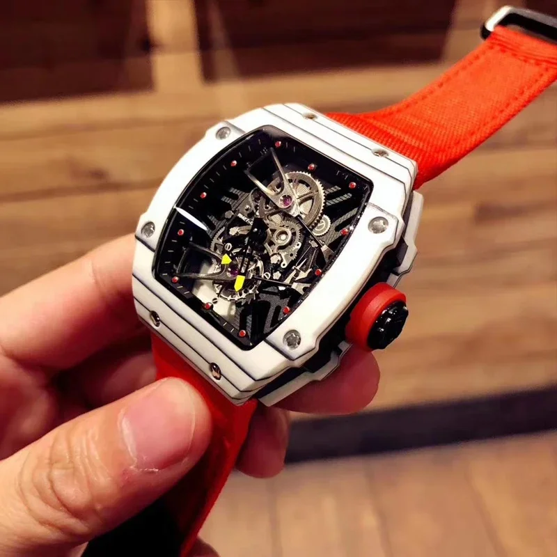 Mens Automatic Mechanical Watch White Canbon Fiber Red Canvas Leather 
Mens Automatic Mechanical Watch White Canbon Fiber Red Canvas Leather