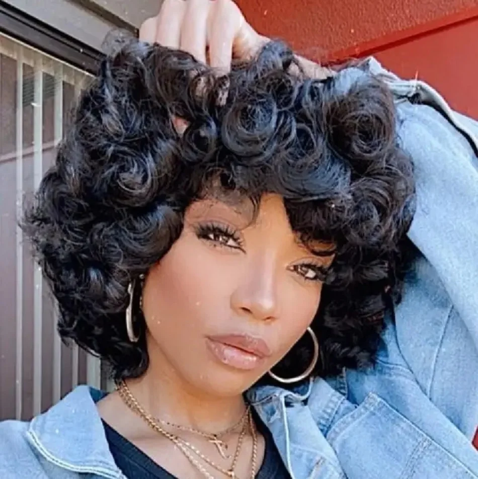 

Rose Curly Short Human Hair Bob Wigs With Bang Malaysian Full Machine Made Human Hair Wig Natural Bob Human Hair Wigs for Women