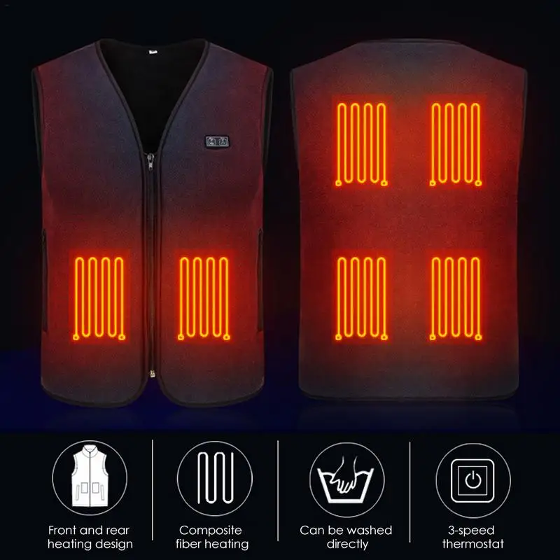 

3XL 6 Places USB Heated Vest Men women Winter Thermal Clothing Hunting Vest Smart Control Temperature Heating Jacket black