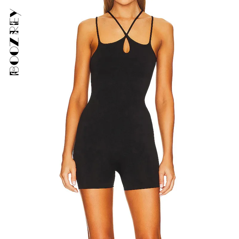 

BoozRey Fashion Sporty Style Playsuit Women Concise Cleavage Sleeveless Backless Cross Strap Body-shaping Romper Female Clothing