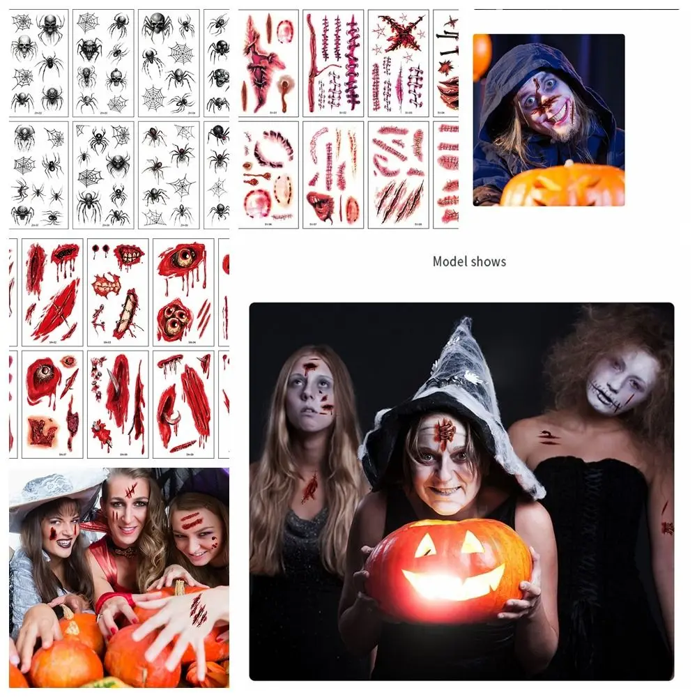 

10 Sheets/Set Scar Spider Design Halloween Temporary Tattoos Face Patch Lifelike Halloween Body Art Stickers Waterproof DIY