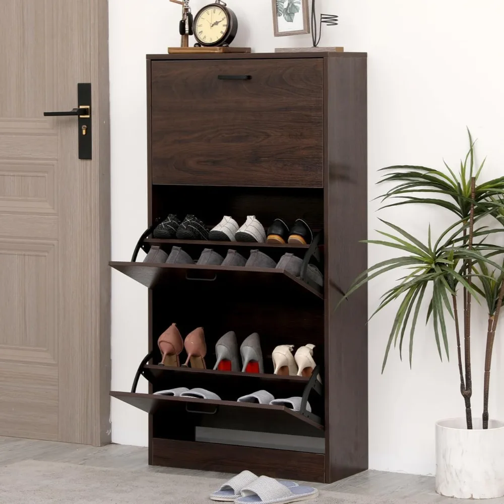 

Шкаф для хранения обуви для прихожей, узкий шкаф для обуви с 3 выдвижными ящиками, современный автономный органайзер для обуви, коричневый орех