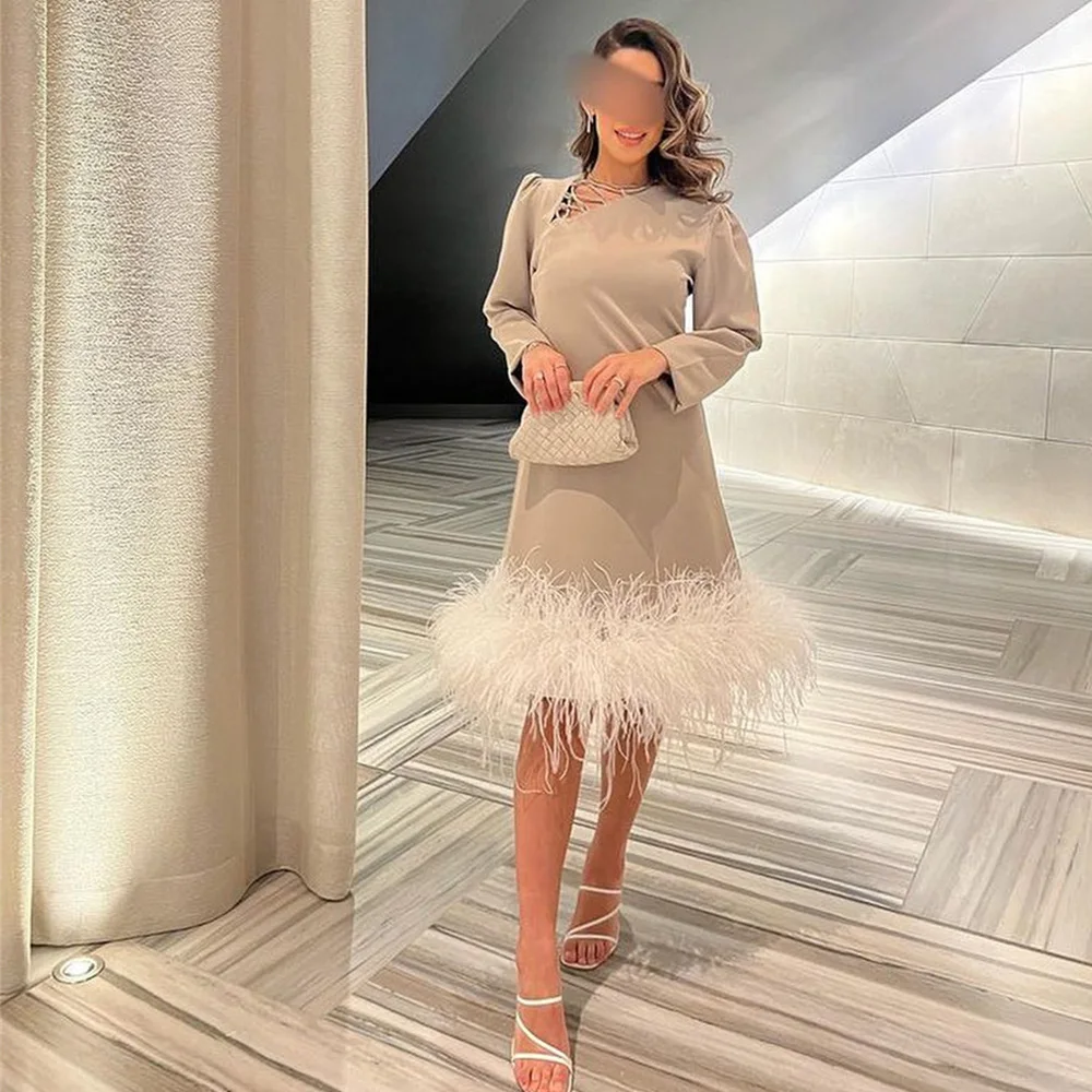 

Exquisite Straight Feathers Long Sleeve Prom Gown Knee-Length Party Dresses Round Neck Hollow Out فساتين السهرة 2023 جديده