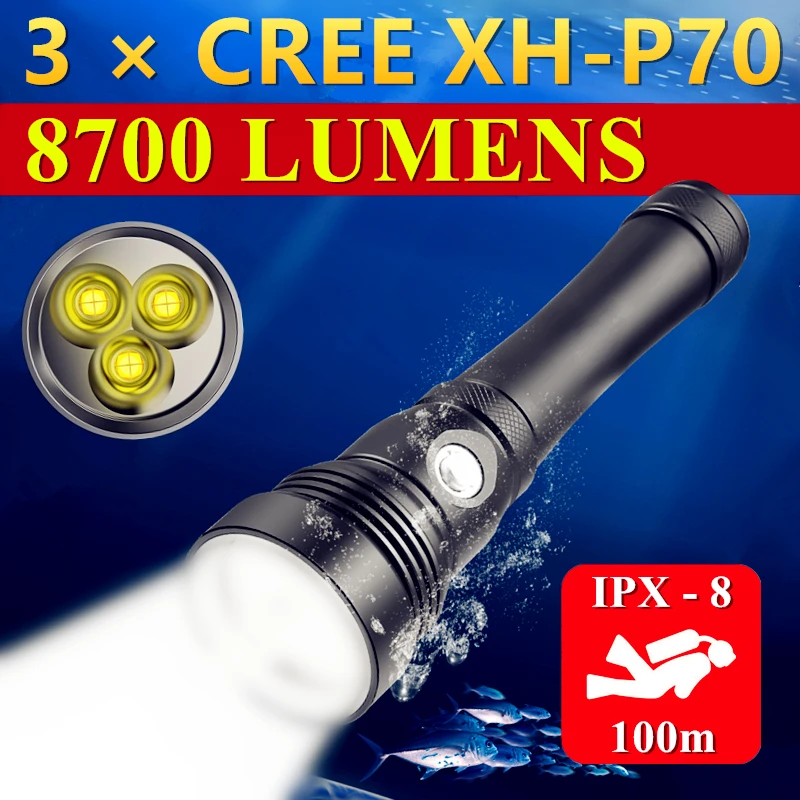 

CREE XHP70 Diving Flashlight Underwater 100m Powerful 3LED Flashlight Scuba Diving Torch IPX8 Profession Waterproof Hand Lamp